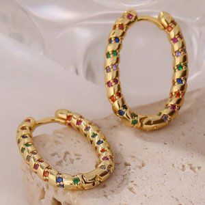 NEW 18K Gold Plated Multi Color Gemstone Oval Hoop Earrings